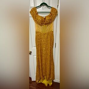 NWT MU XIANG CHEN SZ 10 GOLD Women’s Evening Gown With Sequins & Mesh bodice